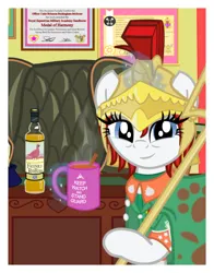 Size: 500x637 | Tagged: safe, artist:askbritanniamlp, derpibooru import, oc, oc:britannia, pony, ask britannia, bottle, image, keep calm and carry on, magic, png, solo, trident