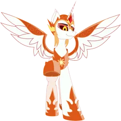 Size: 2679x2668 | Tagged: safe, artist:just rusya, derpibooru import, daybreaker, alicorn, image, looking at you, looking down, looking down at you, png, raised hoof, simple background, smiling, solo, spread wings, underhoof, wings