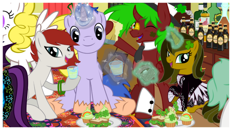 Size: 1280x720 | Tagged: safe, artist:askbritanniamlp, derpibooru import, surprise, oc, oc:copper coeur, oc:fibre optic, oc:pranksalot, oc:stick, oc:svelteyanka, pony, unicorn, ask britannia, g1, female, image, magic, male, mare, png, stallion