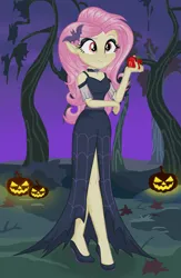 Size: 2632x4032 | Tagged: safe, artist:rinforst1, derpibooru import, fluttershy, bat, bat pony, human, equestria girls, apple, bat ponified, clothes, dress, flutterbat, food, halloween, holiday, image, png, race swap, solo