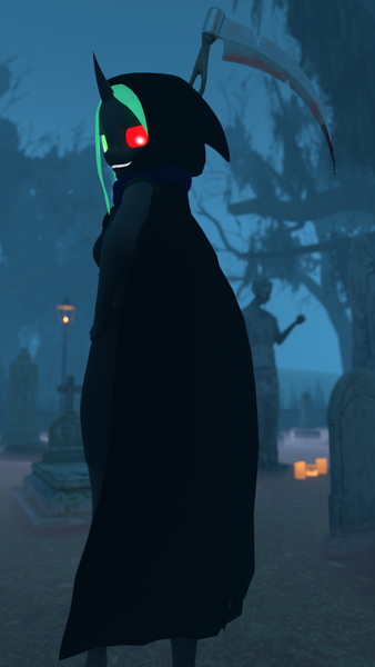 Size: 1080x1920 | Tagged: safe, artist:kamimation, derpibooru import, oc, oc:soulseeker, anthro, changeling, 3d, blender, blood, blood stains, candle, cloak, clothes, dress, dripping blood, fog, glow, glowing eyes, gravestone, graveyard, grin, halloween, hand on hip, holiday, horn, image, implied death, lamp, looking back, png, scythe, smiling, smirk, solo, teeth, tree, weapon