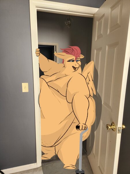 Size: 1244x1656 | Tagged: questionable, artist:astr0zone, derpibooru import, oc, oc:astrozone, unofficial characters only, anthro, pegasus, unguligrade anthro, belly, bhm, big belly, bingo wings, cane, cellulite, door, fat, fat fetish, fetish, huge belly, image, indoors, irl, jpeg, male, moobs, morbidly obese, nudity, obese, open mouth, pegasus oc, photo, rolls of fat, solo, solo male, standing, stuck, too fat to get through, wings