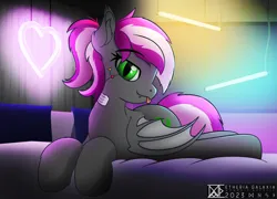 Size: 2998x2160 | Tagged: safe, artist:etheria galaxia, derpibooru import, neon lights, rising star, oc, oc:bitwise operator, unofficial characters only, bat pony, cyborg, pony, :p, bat pony oc, bat wings, bed, bedroom eyes, ear fluff, ear tufts, fangs, female, image, looking at you, mare, png, tongue out, watermark, wings