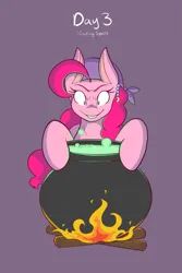 Size: 1365x2048 | Tagged: safe, artist:mscolorsplash, derpibooru import, pinkie pie, earth pony, pony, bandana, cauldron, female, fire, grin, gypsy pie, image, looking at something, mare, png, ponytober, smiling, solo