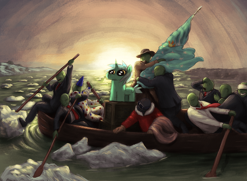 Size: 3000x2200 | Tagged: safe, artist:t72b, derpibooru import, lyra heartstrings, oc, oc:anon, pony, unicorn, bandage, boat, box, clothes, clown, equestrian flag, female, fine art parody, flag, frown, goggles, grin, halo, hat, ice, image, male, mare, necktie, numget, png, river, rowboat, smiling, suit, sunrise, water