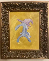 Size: 482x602 | Tagged: safe, artist:rocket-lawnchair, ponerpics import, trixie, charity auction, clothes, hat, image, irl, jpeg, mare fair, mare fair 2023, oil painting, photo, picture frame, snowpity inc., traditional art, trixie's hat