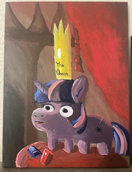 Size: 463x602 | Tagged: safe, artist:tjpones, ponerpics import, twilight sparkle, crown, cursed, image, irl, jewelry, jpeg, oil painting, photo, post-apocalyptic, regalia, throne, traditional art, twiggie