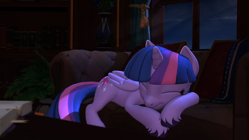 Size: 3840x2160 | Tagged: safe, artist:owlpirate, derpibooru import, twilight sparkle, twilight sparkle (alicorn), alicorn, pony, 3d, 4k, couch, cute, female, high res, image, lying down, mare, png, prone, sleeping, solo, source filmmaker, twiabetes, unshorn fetlocks