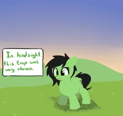 Size: 795x749 | Tagged: safe, artist:neuro, derpibooru import, oc, oc:anonfilly, unofficial characters only, earth pony, pony, dialogue, female, filly, image, looking down, pitfall, png, solo, speech bubble, trap (device)