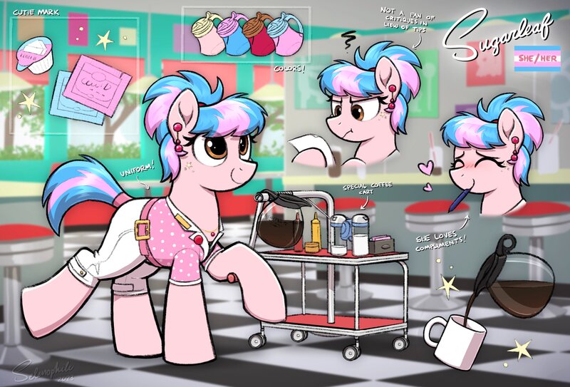 Size: 4096x2778 | Tagged: safe, artist:selenophile, derpibooru import, oc, oc:sugarleaf, unofficial characters only, earth pony, pony, earth pony oc, explicit source, image, jpeg, pride flag, pronouns, reference sheet, solo, trans pride flag, transgender