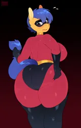 Size: 814x1280 | Tagged: suggestive, artist:3mangos, derpibooru import, oc, oc:wild berry, unofficial characters only, anthro, earth pony, ass, big breasts, blushing, bodysuit, breasts, butt, butt touch, clothes, cosplay, costume, elastigirl, embarrassed, female, hand on butt, huge butt, image, jpeg, large butt, latex, latex suit, milf, mrs. incredible, skintight clothes, solo, solo female, the ass was fat