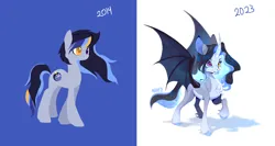 Size: 3000x1600 | Tagged: safe, artist:kraytt-05, derpibooru import, oc, oc:mirage moon, unofficial characters only, alicorn, bat pony, bat pony alicorn, earth pony, pony, 2014, 2023, bat wings, ethereal mane, fangs, female, heterochromia, high res, horn, image, jpeg, magical lesbian spawn, mare, offspring, parent:derpy hooves, parent:princess luna, parents:lunaderp, raised hoof, solo, spread wings, starry mane, starry wings, updated design, wings