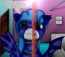 Size: 6000x5287 | Tagged: safe, artist:annette62, derpibooru import, oc, oc:annette (lewdpone), unofficial characters only, pegasus, pony, undead, vampire, vampony, g5, bathroom, blue fur, blue hair, calendar, door, female, freckles, g5 oc, green eyes, image, jpeg, lens flare, pegasus oc, smiling, solo, tail, transformation, wings