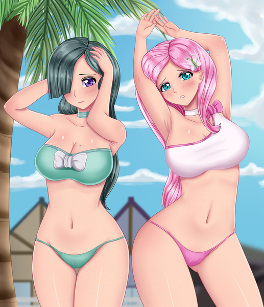 Size: 2953x3425 | Tagged: suggestive, artist:focusb, ponerpics import, fluttershy, marble pie, equestria girls, bikini, breasts, clothes, duo, duo female, female, image, jpeg, swimsuit