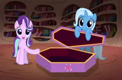 Size: 1636x1080 | Tagged: safe, artist:horses are fuckin weird, derpibooru import, starlight glimmer, trixie, pony, unicorn, coffin, cute, cutie mark, duo, duo female, female, golden oaks library, image, implied twilight sparkle, library, looking at you, mare, meme, okay get in, open mouth, png, reference, reference to another series, smiling, spongebob reference, spongebob squarepants, squidward the unfriendly ghost