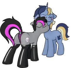 Size: 1987x1854 | Tagged: suggestive, artist:superderpybot, derpibooru import, oc, oc:closed book, oc:damage case, unofficial characters only, earth pony, pony, unicorn, affection, blue coat, butt, clothes, earth pony oc, emo, eyes closed, gay, gray coat, horn, image, latex, latex socks, male, nuzzling, panties, png, raised tail, scrunchy face, simple background, socks, stallion, striped panties, striped underwear, tail, transparent background, underwear, unicorn oc