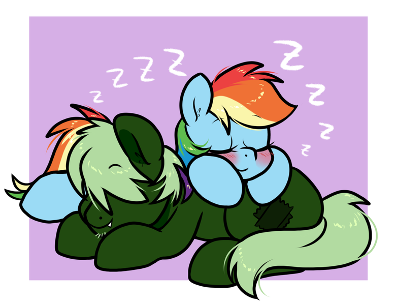 Size: 1300x1000 | Tagged: safe, artist:paperbagpony, derpibooru import, rainbow dash, oc, oc:darklight, blushing, fangs, image, nap, onomatopoeia, png, sleeping, sound effects, zzz