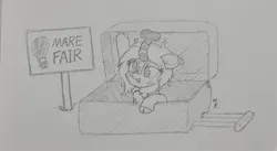 Size: 2048x1124 | Tagged: safe, artist:mkogwheel, derpibooru import, oc, oc:crow mellow, unofficial characters only, kirin, female, glasses, grayscale, image, jpeg, kirin oc, mare fair, monochrome, pencil drawing, snowpity inc., solo, spinning eyes, suitcase, traditional art