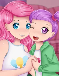Size: 2480x3189 | Tagged: safe, artist:focusb, ponerpics import, lily pad (equestria girls), pinkie pie, equestria girls, female, holding hands, image, jpeg, younger