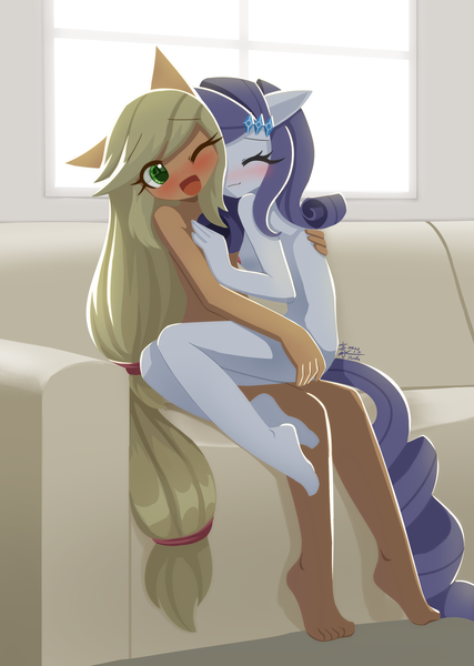 Size: 2150x3024 | Tagged: suggestive, artist:howxu, ponerpics import, applejack, rarity, anthro, breasts, image, nudity, png