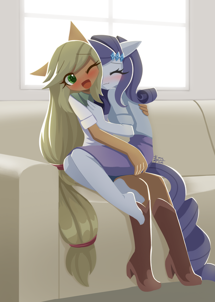 Size: 2150x3024 | Tagged: safe, artist:howxu, ponerpics import, applejack, rarity, anthro, barefoot, clothes, cuddling, feet, hug, image, png, skirt