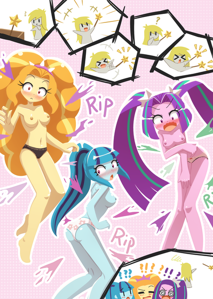 Size: 2150x3024 | Tagged: questionable, artist:howxu, ponerpics import, adagio dazzle, aria blaze, sonata dusk, equestria girls, bikini, bikini bottom, clothes, image, nipples, nudity, png, swimsuit