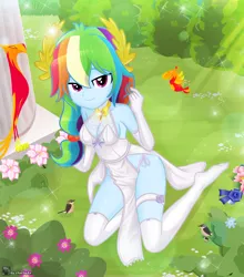 Size: 2780x3157 | Tagged: suggestive, artist:charliexe, ponerpics import, rainbow dash, equestria girls, bride, clothes, dress, female, garter, gloves, image, jpeg, looking at you, panties, side slit, side-tie bikini, socks, thong, underwear, wedding dress