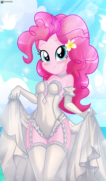 Size: 2328x3964 | Tagged: suggestive, artist:charliexe, ponerpics import, pinkie pie, equestria girls, bikini, bride, clothes, dress, female, gloves, image, jpeg, looking at you, swimsuit, undressing, wedding dress