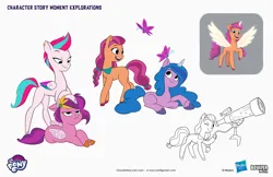 Size: 1920x1243 | Tagged: safe, derpibooru import, izzy moonbow, pipp petals, sunny starscout, zipp storm, alicorn, butterfly, insect, g5, annoyed, concept art, image, jpeg, telescope, unamused