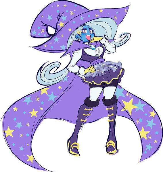 Size: 2557x2706 | Tagged: safe, artist:eemapso, derpibooru import, trixie, equestria girls, female, giant hat, hand on hip, hat, image, jpeg, long cape, open mouth, open smile, pony coloring, simple background, smiling, solo, white background, white pupils