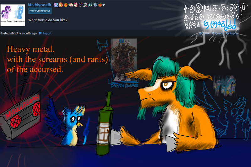 Size: 4200x2800 | Tagged: safe, artist:horsesplease, derpibooru import, gallus, hitch trailblazer, series:ask failblazer, g5, alcohol, ask, bottle, derp, drink, drunk, facial hair, gallus the rooster, goatee, heavy metal, image, insanity, madness, png, radio, sad hitch, vulgar