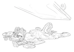 Size: 2550x1785 | Tagged: suggestive, artist:helixjack, oc, unofficial characters only, inflatable pony, kirin, black and white, cropped, deflated, deflation, explicit source, fetish, grayscale, image, inanimate tf, inflatable, inflatable fetish, monochrome, png, quadrupedal, solo, transformation