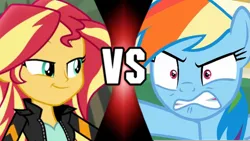 Size: 1281x720 | Tagged: safe, derpibooru import, rainbow dash, sunset shimmer, equestria girls, movie magic, the end in friend, spoiler:eqg specials, angry, image, png, rage, ragebow dash, smiling, smirk, smugset shimmer, vs