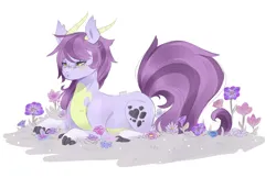 Size: 1700x1100 | Tagged: safe, artist:kraytt-05, derpibooru import, oc, oc:curious violet, unofficial characters only, dracony, hybrid, pony, female, flower, image, interspecies offspring, jpeg, lying down, mare, offspring, parent:rarity, parent:spike, parents:sparity, prone, simple background, solo, white background