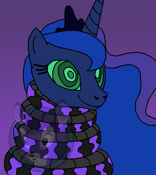 Size: 537x600 | Tagged: safe, artist:genesis-wolf-leon, derpibooru import, princess luna, alicorn, pony, python, snake, coils, female, hypno eyes, hypnosis, hypnotized, image, kaa eyes, mare, png, smiling, solo, solo female, wrapped snugly, wrapped up