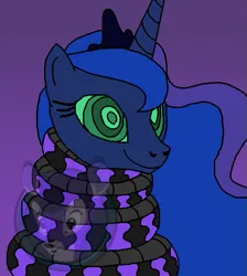 Size: 537x600 | Tagged: safe, artist:genesis-wolf-leon, derpibooru import, princess luna, alicorn, pony, python, snake, coils, female, hypno eyes, hypnosis, hypnotized, image, kaa eyes, mare, png, smiling, solo, solo female, wrapped snugly, wrapped up