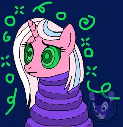 Size: 642x663 | Tagged: safe, artist:genesis-wolf-leon, derpibooru import, clear sky, pony, unicorn, coils, female, hypno eyes, hypnosis, hypnotized, image, kaa eyes, mare, octoplush, plushie, png, solo, story included, tentacles, wrapped snugly, wrapped up