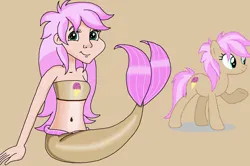 Size: 1115x740 | Tagged: safe, artist:ocean lover, derpibooru import, strawberry scoop, earth pony, human, mermaid, pony, bandeau, bare midriff, bare shoulders, belly, belly button, brown tail, cheerful, clothes, cute, cutie mark, cutie mark on clothes, fins, fish tail, friendship student, happy, human coloration, humanized, image, light skin, long hair, mermaid tail, mermaidized, midriff, ms paint, pink hair, png, pose, reference, simple background, sitting, sleeveless, smiling, species swap, tail, tail fin, tan background, teal eyes, teenager, two toned hair