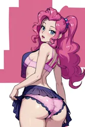 Size: 512x768 | Tagged: suggestive, derpibooru import, machine learning generated, pinkie pie, abstract background, ai content, ass, balloonbutt, bra, butt, clothes, generator:yodayo, image, jpeg, looking at you, looking back, miniskirt, panties, pink hair, skirt, underwear