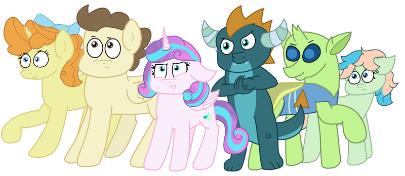 Size: 3068x1336 | Tagged: safe, artist:snoopy7c7, derpibooru import, baby rubble, coral currents, lumbar, pound cake, princess flurry heart, pumpkin cake, alicorn, changedling, changeling, dragon, earth pony, pegasus, pony, unicorn, female, group, image, male, mare, older, older coral currents, older flurry heart, older lumbar, older pound cake, older pumpkin cake, older rubble, png, simple background, stallion, white background