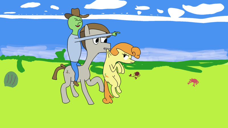 Size: 1920x1080 | Tagged: safe, derpibooru import, carrot top, golden harvest, mudbriar, oc, oc:anon, pony, beach, cowboy hat, hat, image, png, riding, riding a pony, scruff