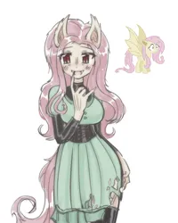 Size: 1602x2000 | Tagged: safe, artist:hachtrukachh, derpibooru import, fluttershy, bat pony, human, pony, bat ponified, blushing, clothes, corset, cute, cute little fangs, dress, eared humanization, fangs, female, flutterbat, humanized, image, mare, open mouth, png, race swap, shyabates, shyabetes, simple background, socks, solo, stockings, thigh highs, torn clothes, white background, winged humanization, wings