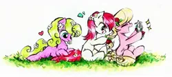 Size: 2728x1224 | Tagged: safe, artist:liaaqila, derpibooru import, daisy, flower wishes, lily, lily valley, roseluck, commission, image, jpeg, traditional art