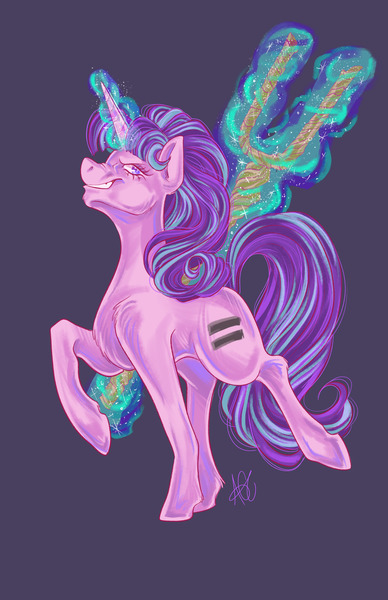 Size: 1325x2048 | Tagged: safe, artist:sugarsong, derpibooru import, starlight glimmer, unicorn, equal sign, glow, glowing horn, grin, horn, image, jpeg, looking at you, purple background, raised hoof, s5 starlight, signature, simple background, smiling, staff, staff of sameness