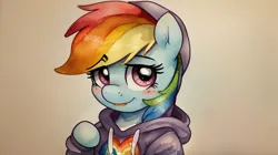 Size: 960x536 | Tagged: safe, derpibooru import, machine learning generated, rainbow dash, pegasus, pony, ai content, clothes, cute, hoodie, image, png