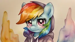 Size: 960x536 | Tagged: safe, derpibooru import, machine learning generated, rainbow dash, pegasus, pony, ai content, clothes, cute, hoodie, image, png