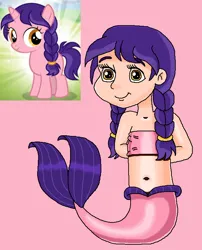 Size: 608x754 | Tagged: safe, artist:ocean lover, derpibooru import, raspberry dazzle, human, mermaid, pony, unicorn, amber eyes, background pony, bandeau, bare midriff, bare shoulders, belly, belly button, braid, braided pigtails, child, female, filly, fins, fish tail, foal, friendship student, happy, human coloration, humanized, image, innocent, light skin, looking at you, mermaid tail, mermaidized, midriff, ms paint, pigtails, pink background, pink tail, png, purple hair, reference, simple background, sleeveless, smiling, smiling at you, solo, solo female, species swap, tail, tail fin, two toned hair