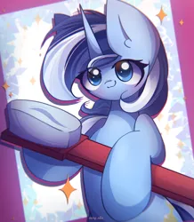 Size: 2350x2700 | Tagged: safe, artist:miryelis, derpibooru import, minuette, pony, unicorn, background pony, big ears, female, image, looking at you, mare, png, signature, simple background, smiling, smiling at you, solo, sparkles, toothbrush