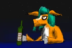 Size: 4200x2800 | Tagged: safe, artist:horsesplease, derpibooru import, hitch trailblazer, series:ask failblazer, g5, alcohol, bottle, drink, drunk, facial hair, goatee, image, insanity, night, png, sad, solo, stars, vulgar description