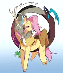 Size: 1733x2035 | Tagged: safe, artist:olive-man, derpibooru import, discord, fluttershy, draconequus, pegasus, affection, antlers, arms around neck, discoshy, embrace, eyebrows, eyes closed, female, happy, horn, hug, image, jpeg, long body, male, open mouth, shipping, smiling, straight, white hair, wings